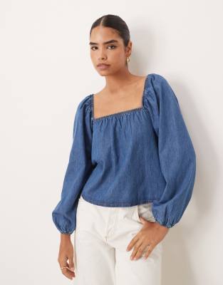 ASOS DESIGN - Langärmliges weites Oberteil aus Denim in Indigoblau
