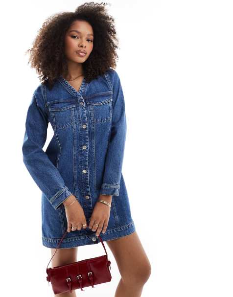 ASOS DESIGN – Langärmliges Western-Jeanskleid in Mittelblau - view 1