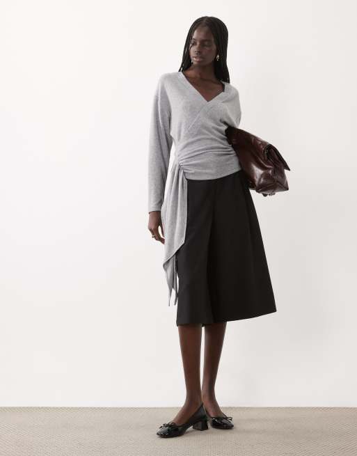 ASOS DESIGN langärmliges Wickeloberteil mit Bindedetail in graumeliert, 2 von 4