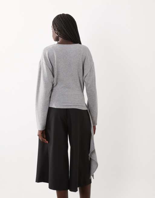 ASOS DESIGN langärmliges Wickeloberteil mit Bindedetail in graumeliert, 4 von 4