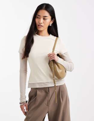 ASOS DESIGN - Langärmliges, zweilagiges Oberteil aus Netzstoff in Buttermilchgelb