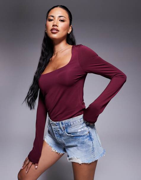 ASOS DESIGN – Langärmliges, zweilagiges Oberteil in Burgunderrot mit weitem eckigem Ausschnitt - view 1