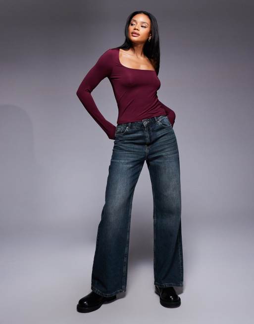 ASOS DESIGN – Langärmliges, zweilagiges Oberteil in Burgunderrot mit weitem eckigem Ausschnitt, 2 von 4