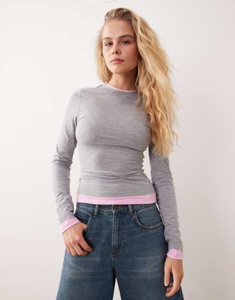 ASOS DESIGN – Langärmliges, zweilagiges Oberteil in meliertem Grau und Hellrosa - view 1