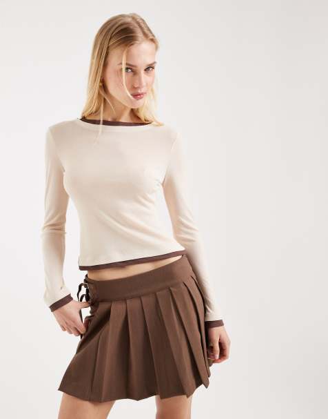 ASOS DESIGN – Langärmliges, zweilagiges Oberteil in Schokobraun und Steinbeige - view 1