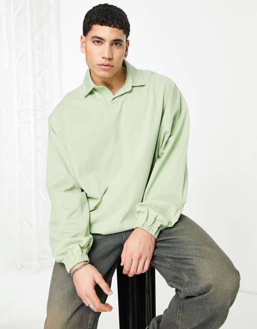 ASOS DESIGN – Langärmliges Oversize-Polohemd in Grün mit elastischem Saum