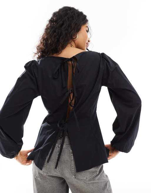 ASOS DESIGN - Lange aansluitende blouse met gestrikte achterkant in zwart, 2 van 4