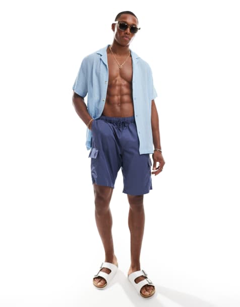 ASOS DESIGN - Lange badeshorts med cargolommer i marineblå - view 1