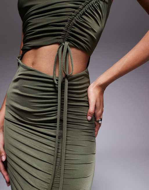 ASOS DESIGN - Lange bandeau-jurk met ruches in kaki, 4 van 4
