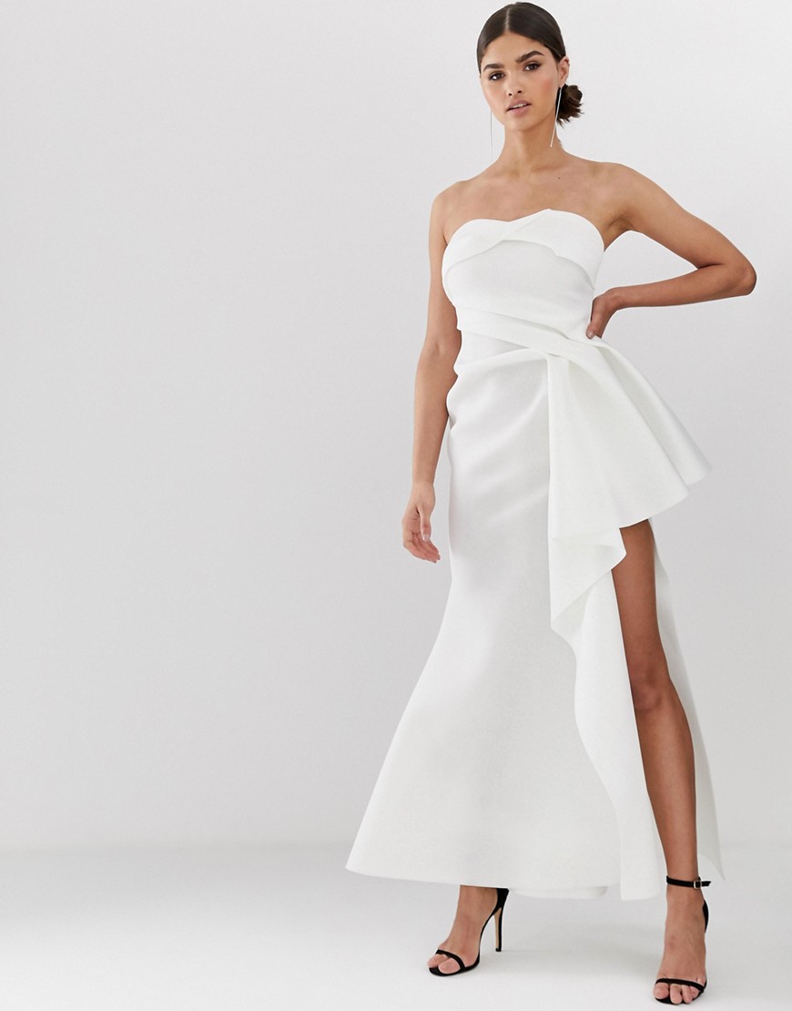 ASOS DESIGN - Lange bardot-jurk met plooien en split-Wit