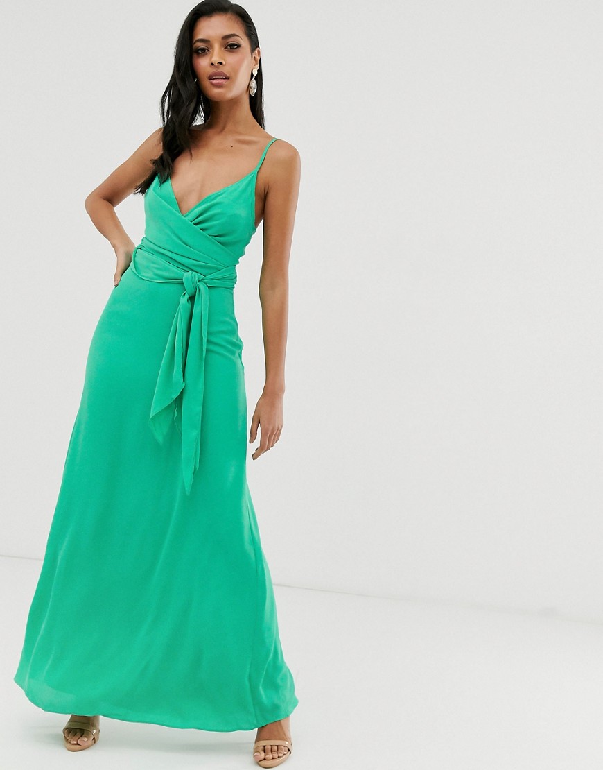ASOS DESIGN - Lange cami-jurk met overslag en strikceintuur-Groen