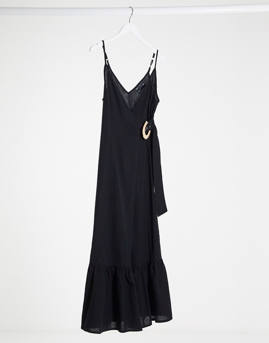 ASOS DESIGN - Lange cami-jurk met overslag van linnen met riem in zwart