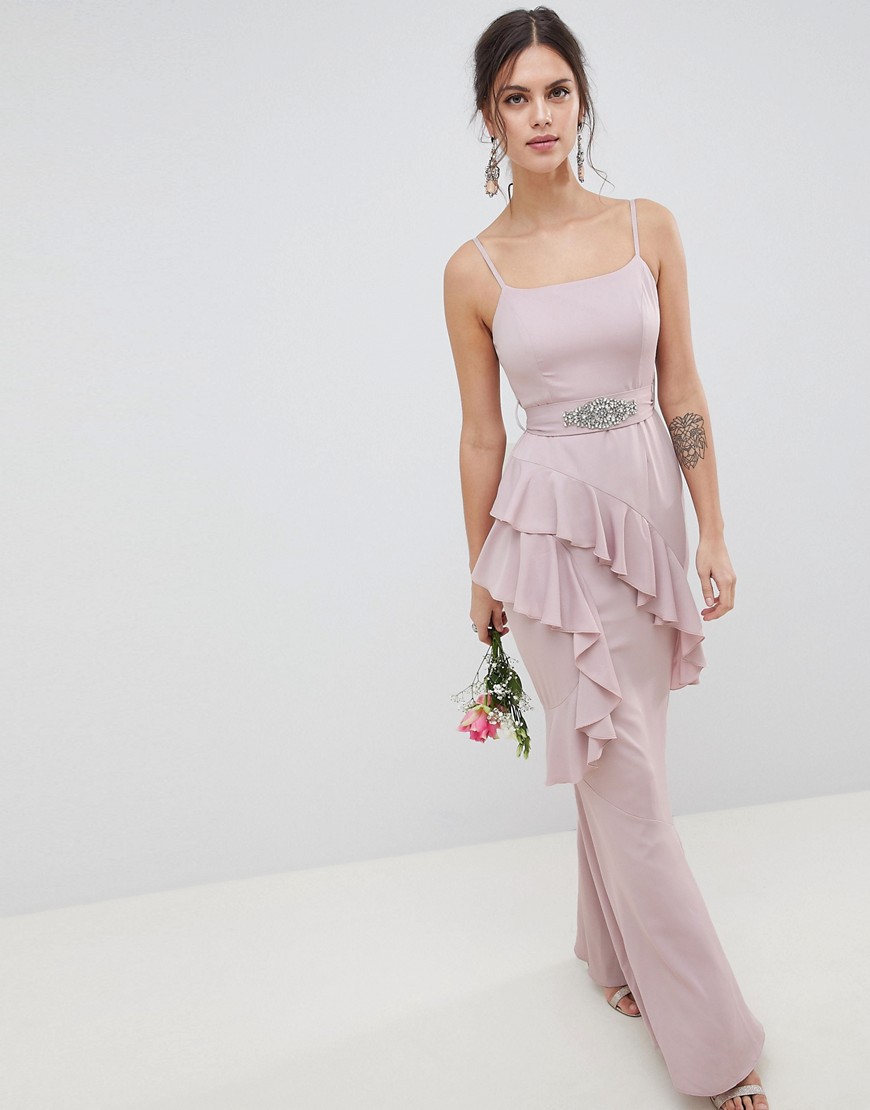 ASOS DESIGN - Lange cami-jurk met ruches en versierde riem-Roze