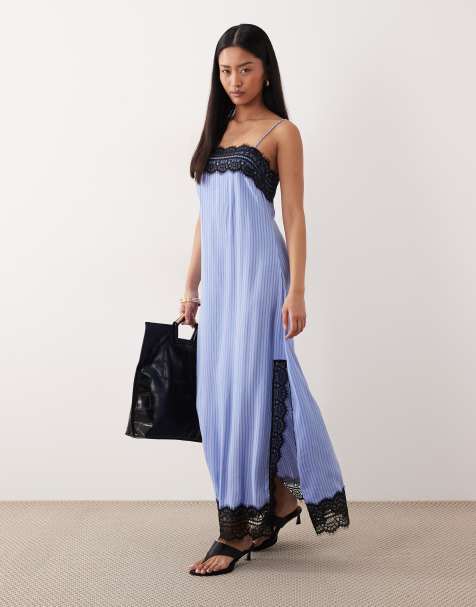 ASOS DESIGN - Lange cami-slipdress met kanten randen en strepenprint in blauw - view 1