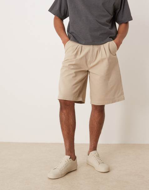 ASOS DESIGN – Lange Cargo-Jorts aus Denim in Khaki mit zwei Falten - view 1