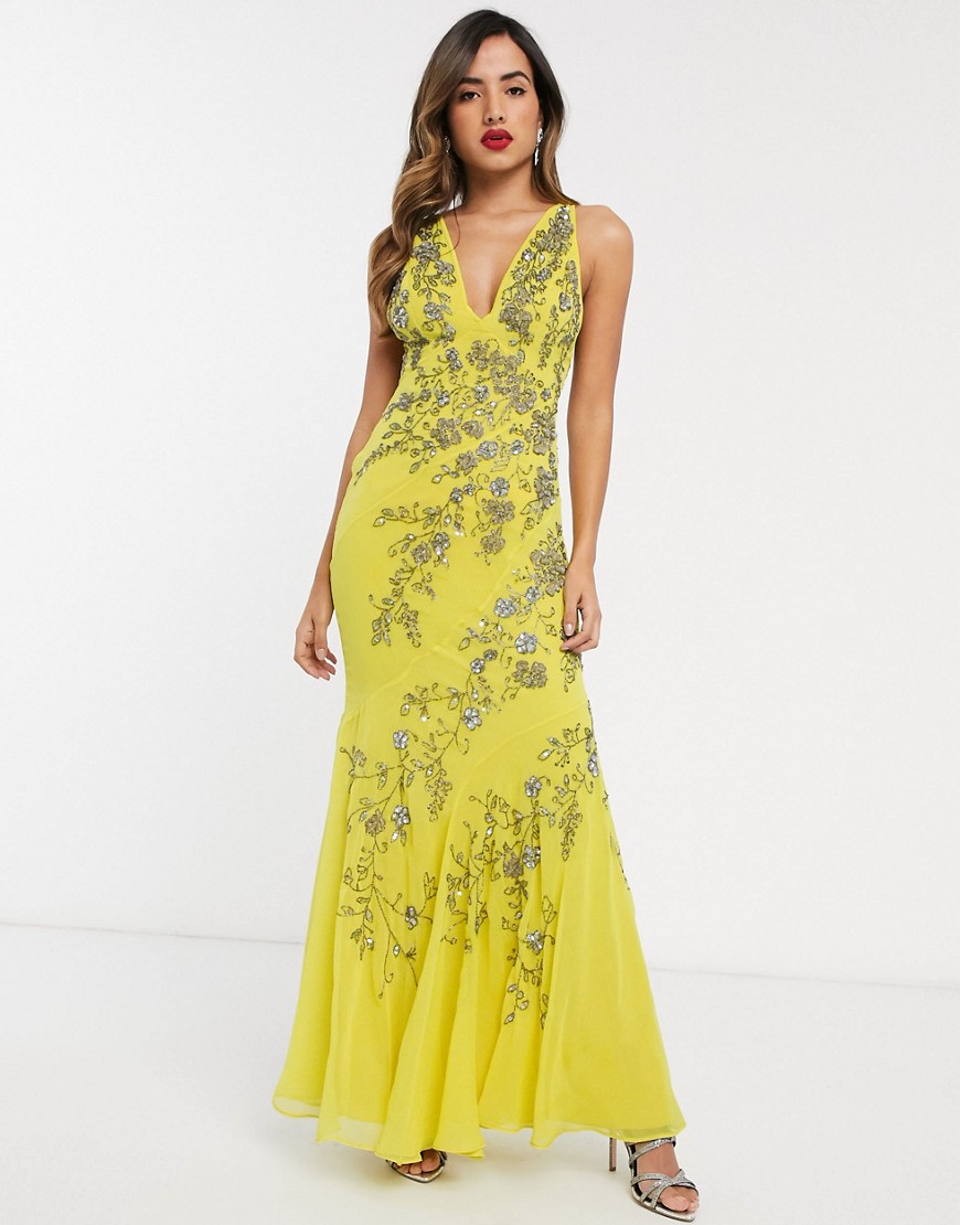 ASOS DESIGN - Lange chiffon jurk versierd met bloemen-Geel