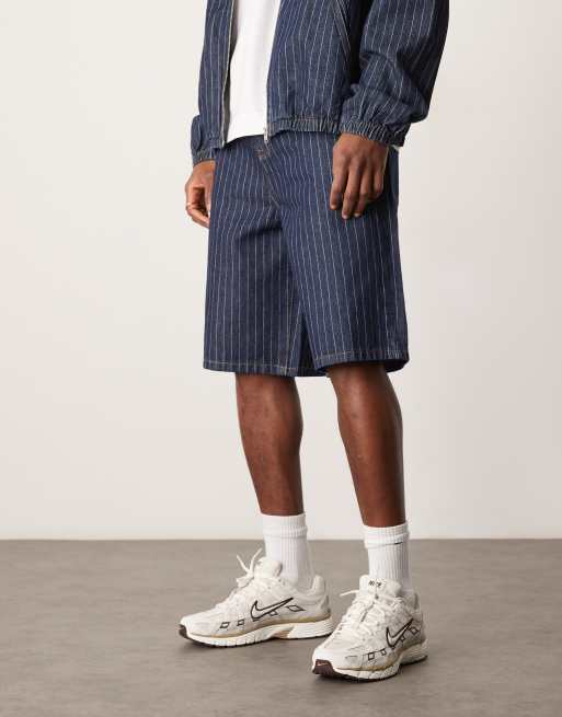 ASOS DESIGN long length denim jorts with pinstripes in dark wash blue - part of a set