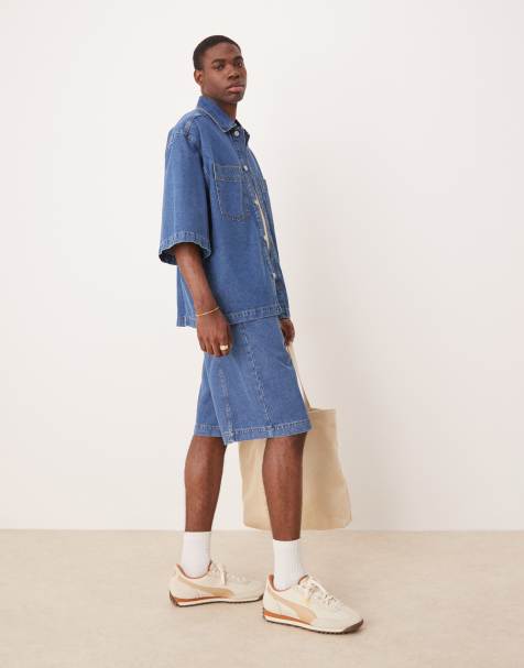 ASOS DESIGN - Lange denim jort met naaddetails in midwash blauw, deel van co-ord set - view 1