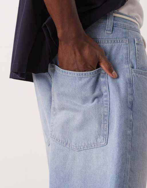 ASOS DESIGN - Lange denim jort met trekkoord in lichte wassing blauw, 4 van 5