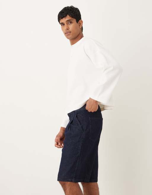 ASOS DESIGN - Lange denim-jorts med dobbelte plisseringer i rå vask, 4 af 5