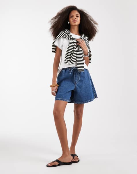 ASOS DESIGN - Lange denim short met elastische taille in middenblauw - view 1