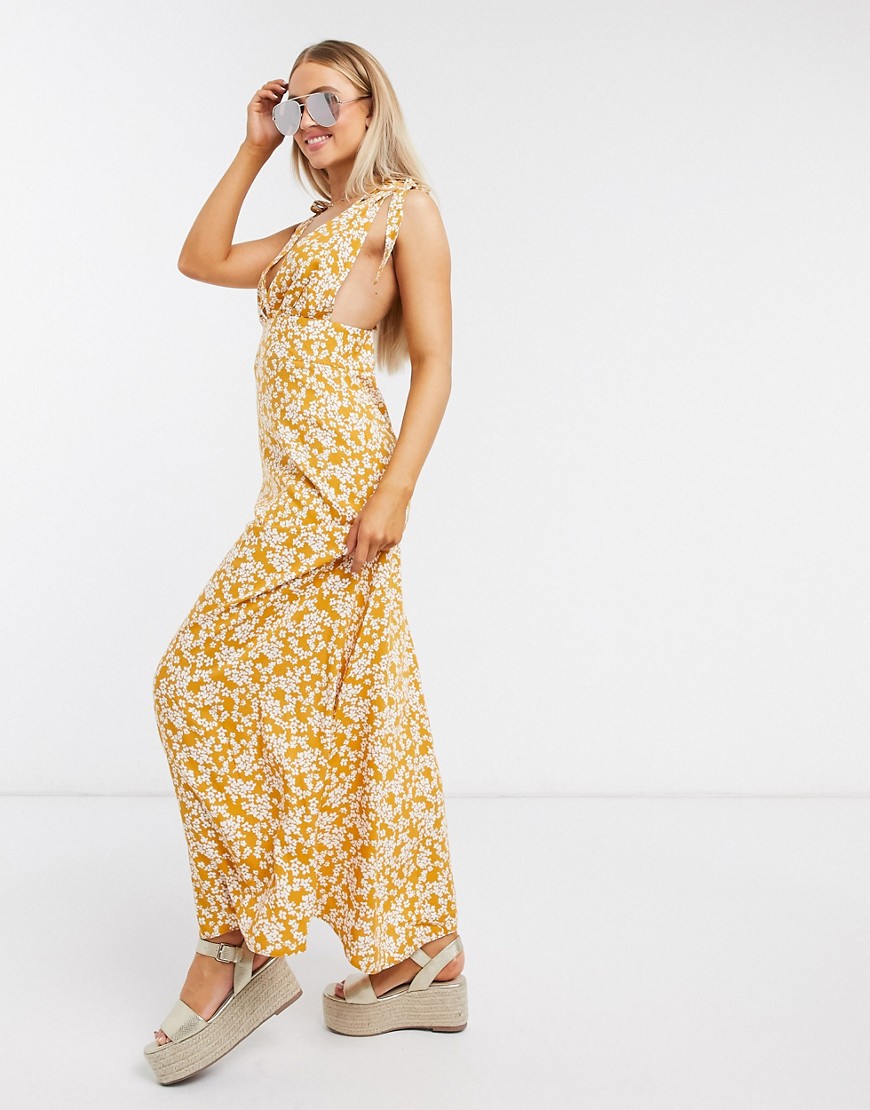 ASOS DESIGN - Lange diepuitgesneden jurk met gestrikte schouders in mosterdgeel met fijne bloemenprint-Multi
