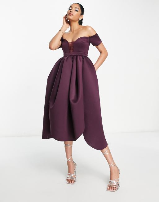 Festival doorboren Kilauea Mountain ASOS DESIGN - Lange galajurk met blote schouders en mesh inzetstuk in  aubergine | ASOS