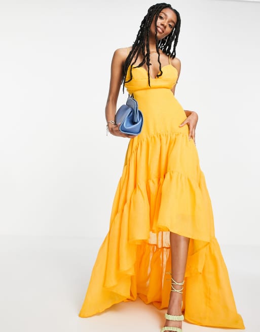 ASOS DESIGN - Lange gelaagde cami jurk met geplooid lijfje in geel