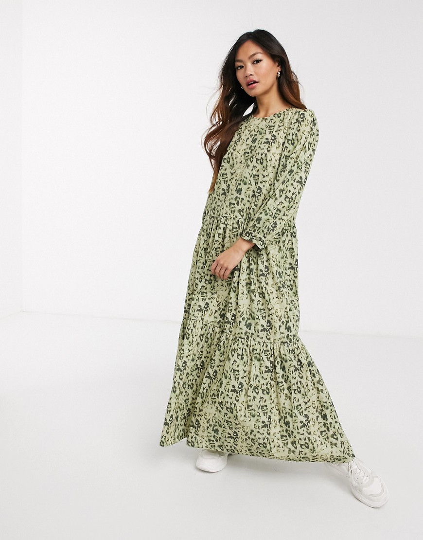 ASOS DESIGN - Lange gelaagde jurk met luipaardprint in kaki-Multi