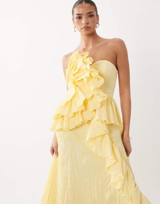 ASOS DESIGN - Lange geplooide bandeaujurk in geel, 3 van 4