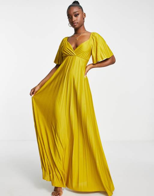 ASOS DESIGN - Lange geplooide jurk met gedraaide achterkant en kapmouwtjes in mosterdgeel