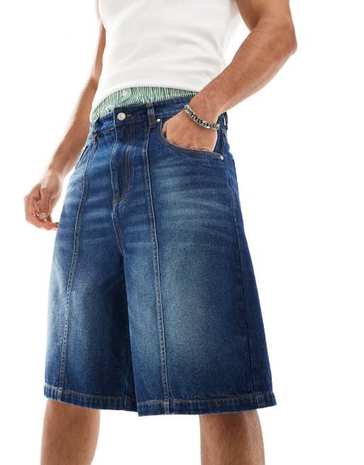ASOS DESIGN – Lange Jeans-Jorts in Indigoblau mit Bahnendetails