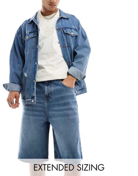 ASOS DESIGN – Lange Jeans-Jorts in verwaschenem Mittelblau im Vintage-Look - view 1