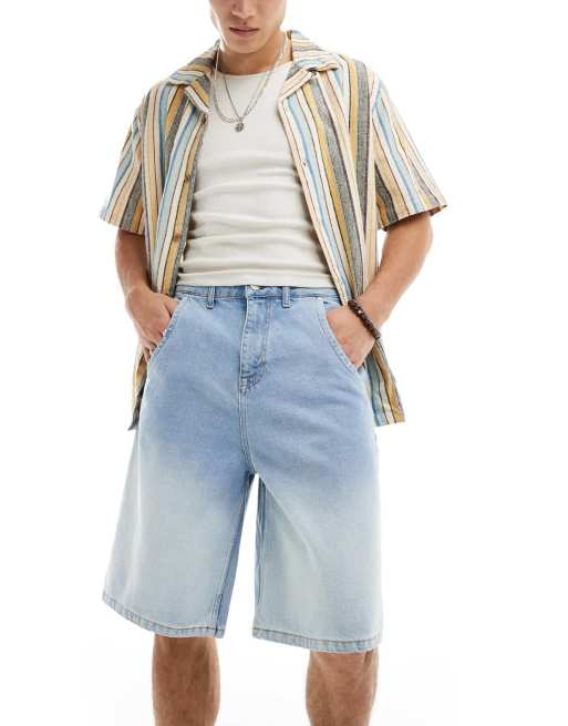 ASOS DESIGN – Lange Jeans-Jorts in verwaschenem Mittelblau mit Farbverlauf