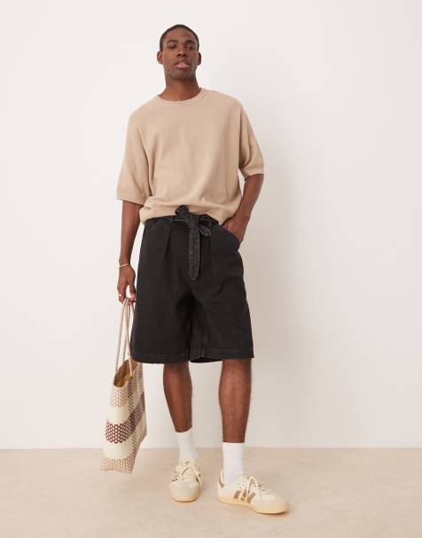 ASOS DESIGN – Lange Jeans-Jorts in verwaschenem Schwarz mit Falten und Bindedetail - view 1