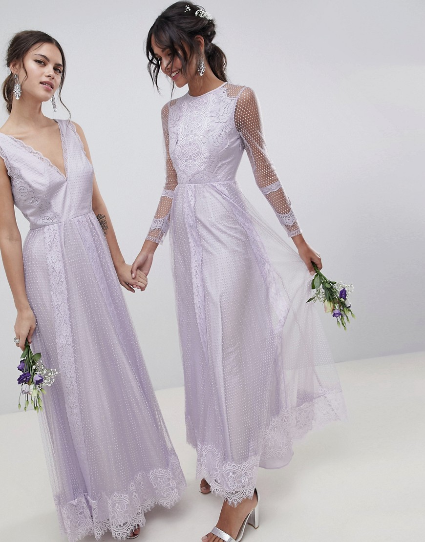 ASOS DESIGN - Lange jurk in mix van dobby mesh en kant met lange mouwen-Paars