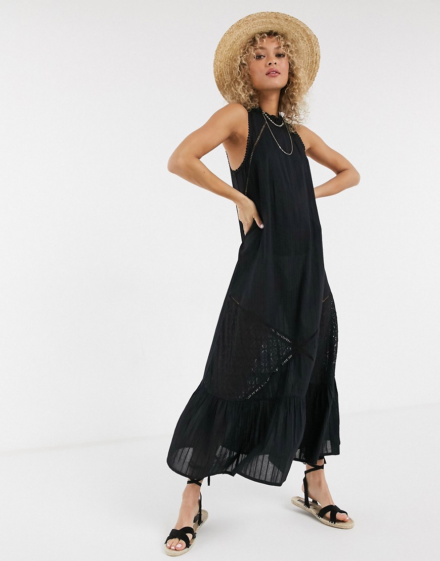 ASOS DESIGN - Lange jurk met A-lijn, kanten inzetstuk en strook in zwart