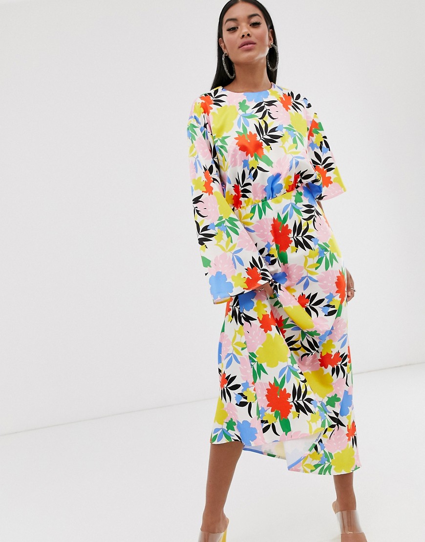 ASOS DESIGN - Lange jurk met asymmetrische mouwen en felgekleurde bloemenprint-Multi