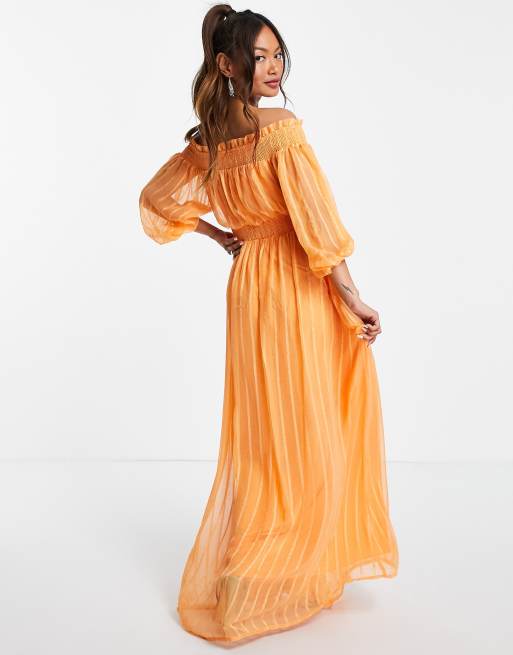 ASOS DESIGN - Lange jurk met blote schouders, blousonmouwen en strepen