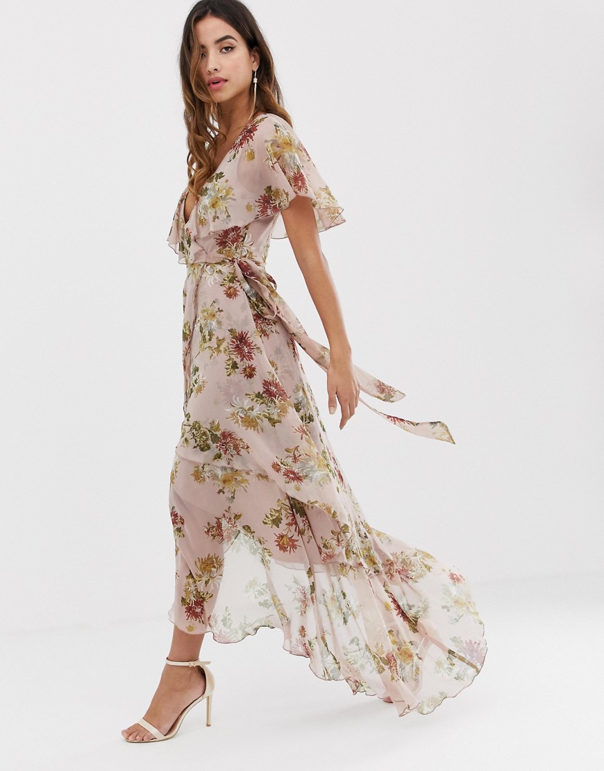 ASOS DESIGN - Lange jurk met cape achteraan en lange achterkant in lichte bloemenprint-Multi