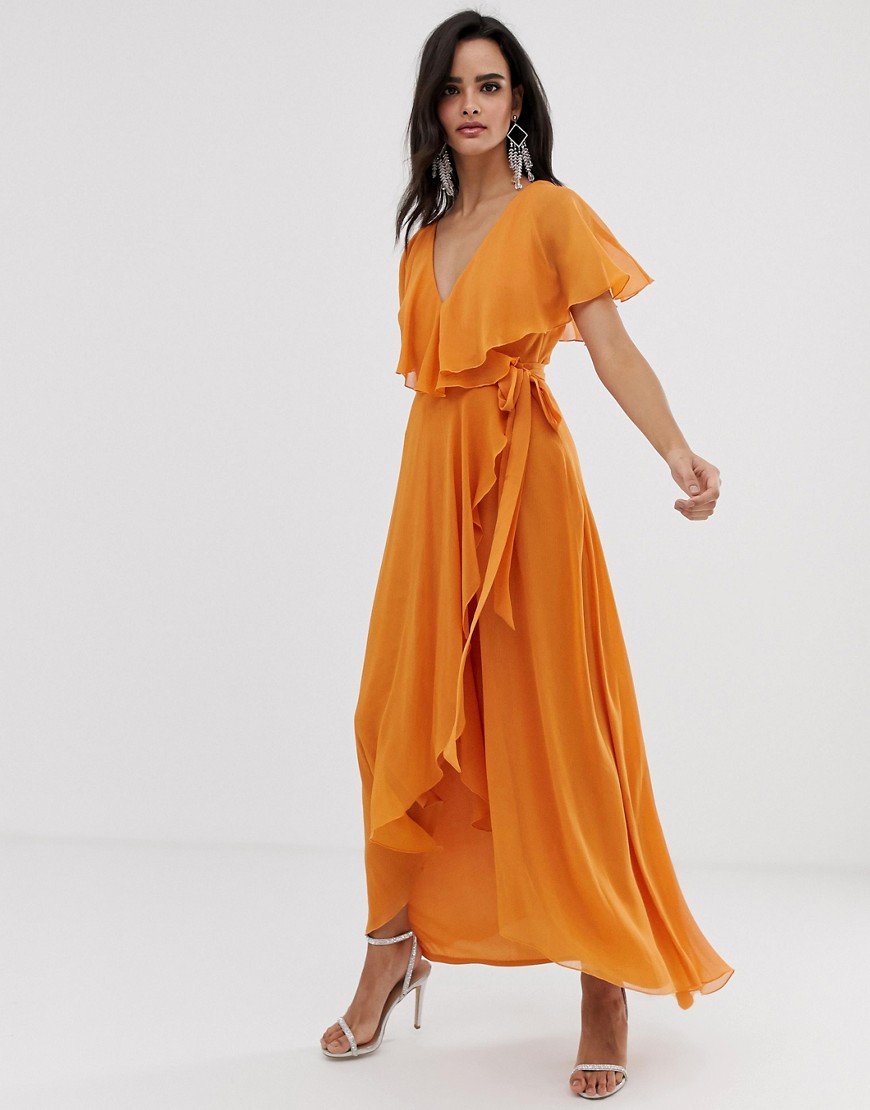 ASOS DESIGN - Lange jurk met cape en lange achterkant-Oranje
