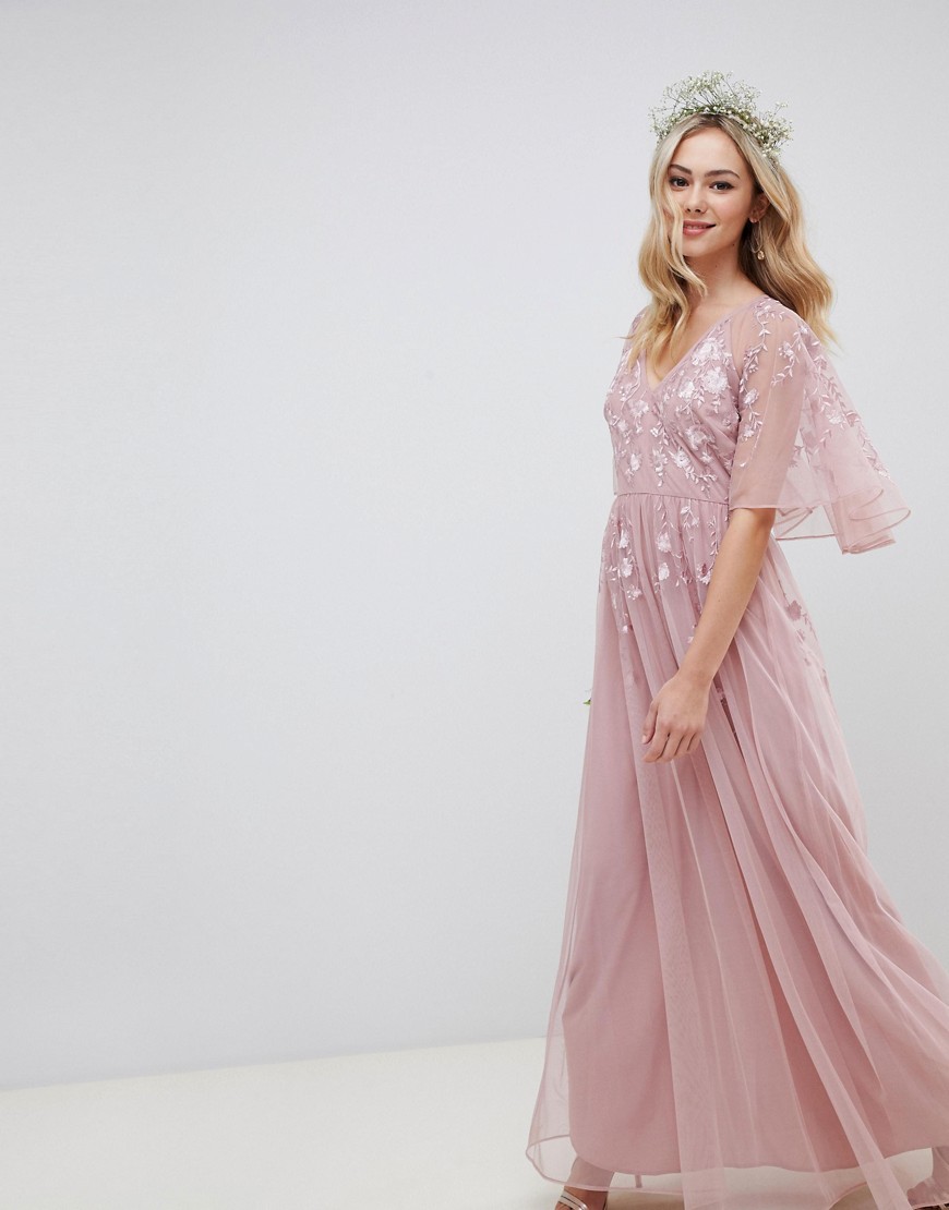 ASOS DESIGN - Lange jurk met capemouwen van geborduurd mesh-Roze
