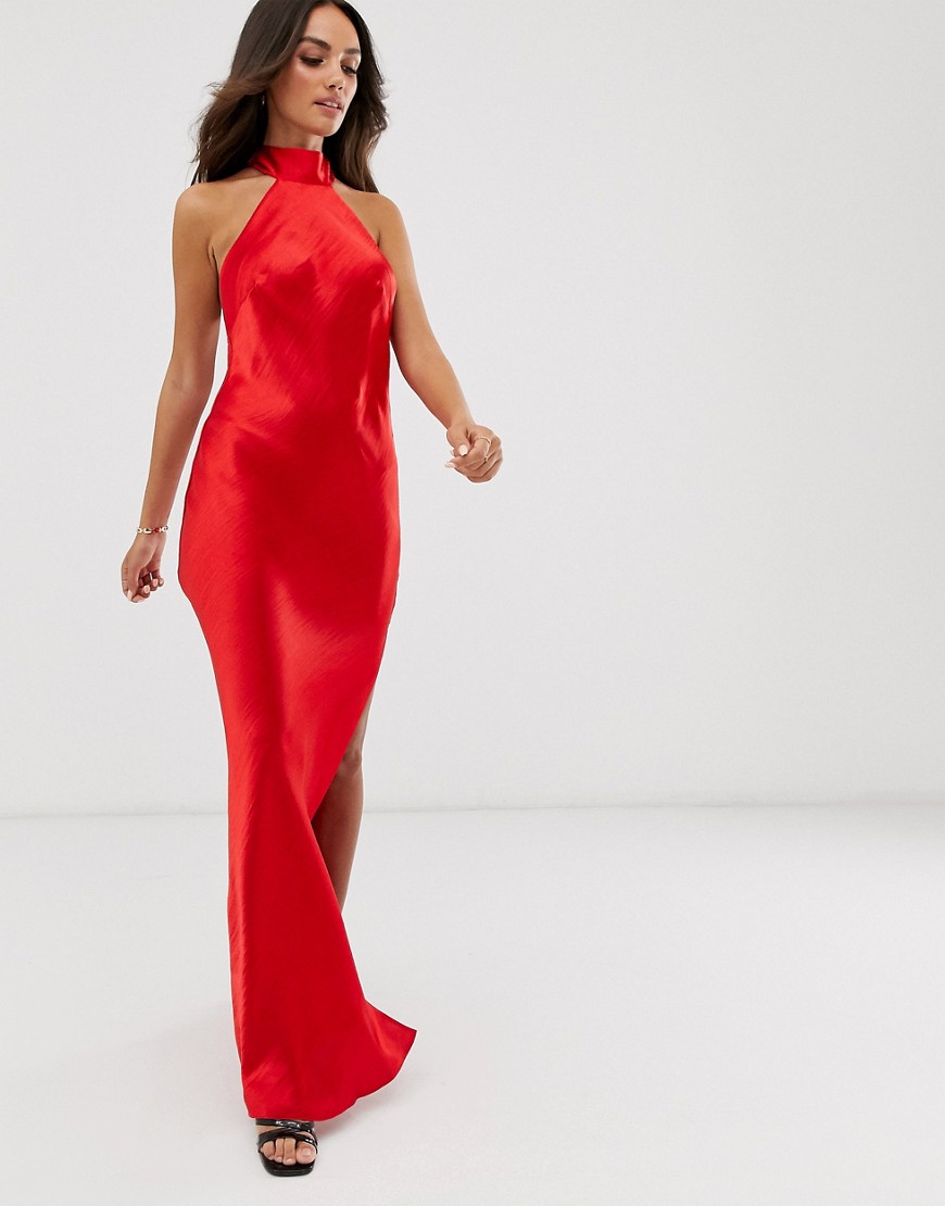ASOS DESIGN - Lange jurk met chokerhals van hoogglans satijn-Rood
