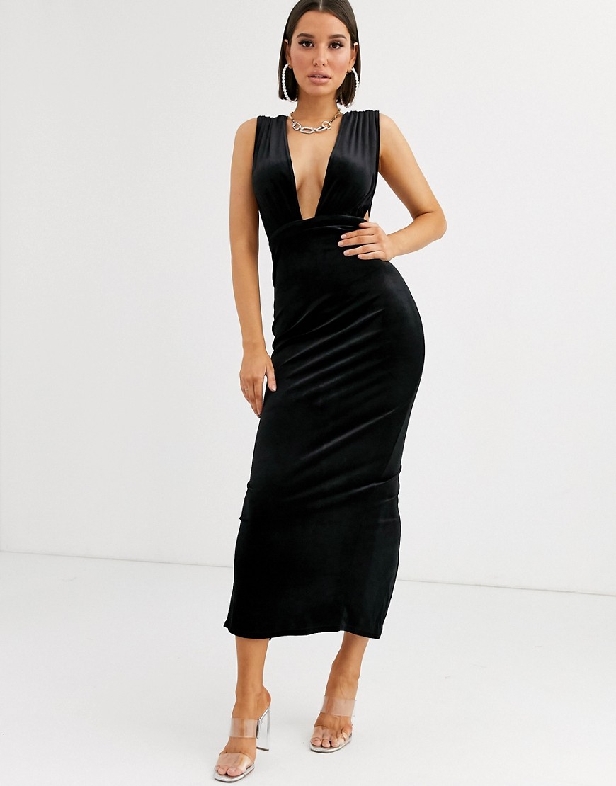 ASOS DESIGN - Lange jurk met diep uitgesneden hals van fluweel-Zwart
