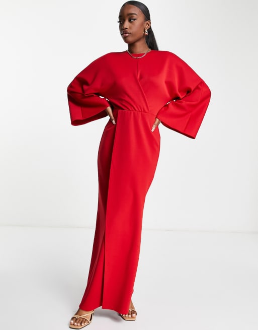 ASOS DESIGN - Lange jurk met gedraaide voorkant en uitlopende mouwen in rood 