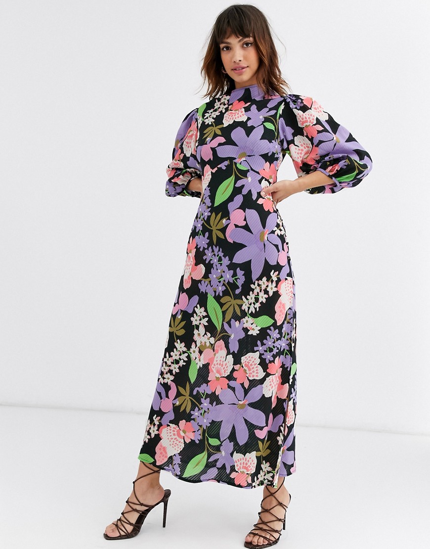 ASOS DESIGN - Lange jurk met gedrapeerde halslijn en pofmouwen en bloemenprint-Multi