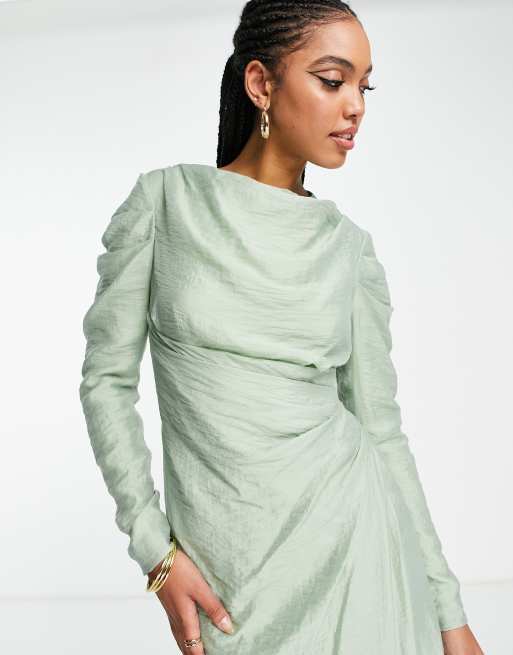 ASOS DESIGN - Lange jurk met gedrapeerde mouwen en rok met overslag in saliegroen