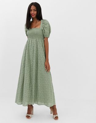 ASOS DESIGN - Lange jurk met geplooide bustier en pofmouwen in broderie-Groen
