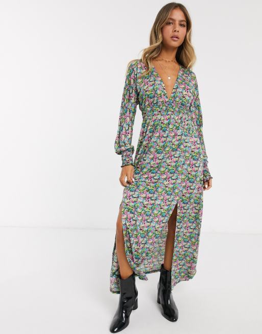 ASOS DESIGN - Lange jurk met gesmokte taille en bloemenprint