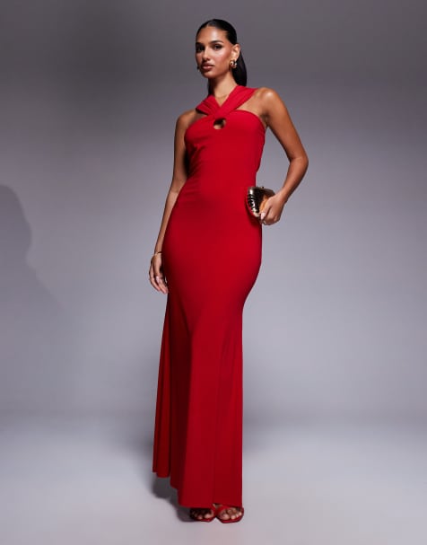 ASOS DESIGN - Lange jurk met halternek en gedraaide voorkant in rood - view 1